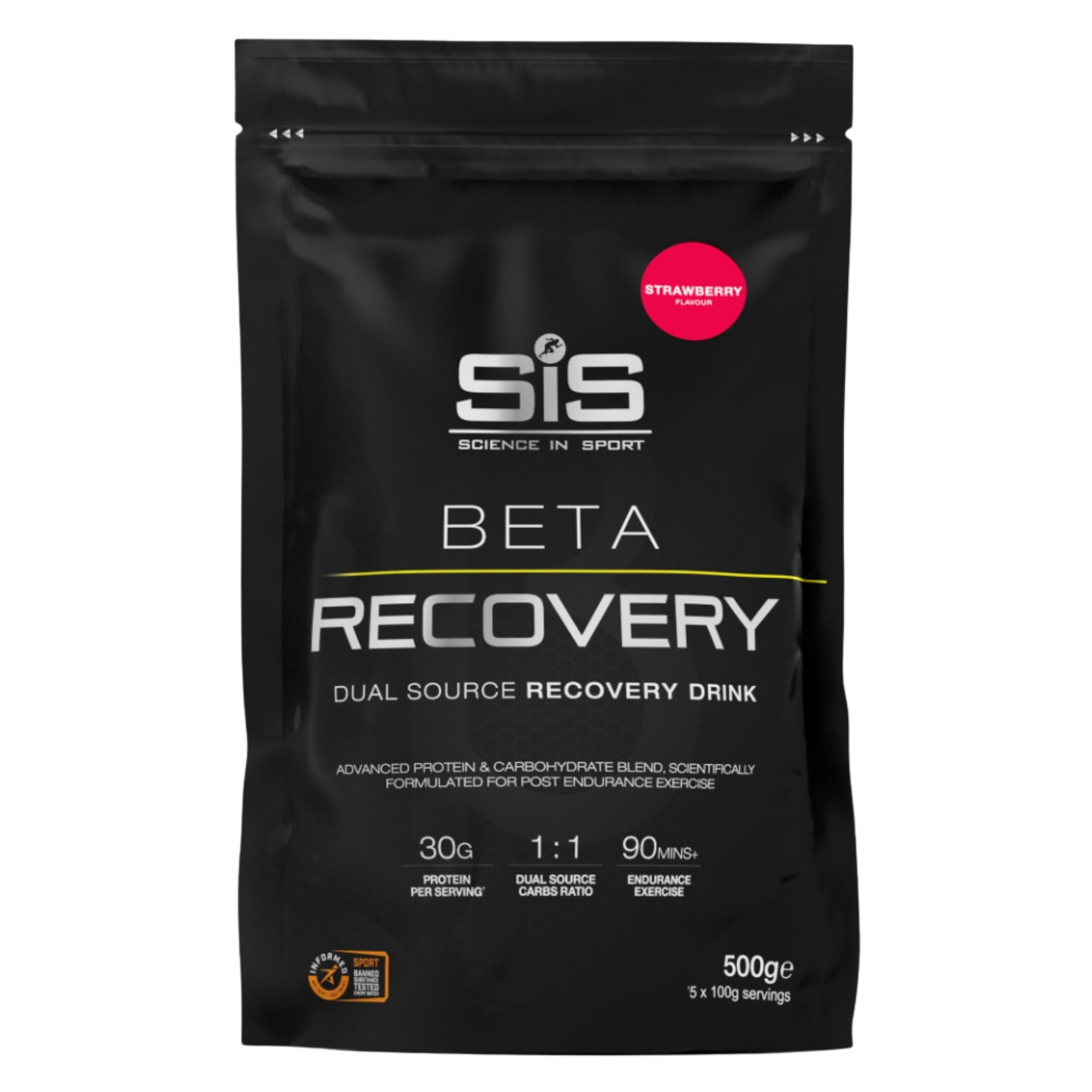 SiS BETA Recovery Fragola 500 g shake di recupero in polvere con proteine del siero del latte e carboidrati per atleti di endurance