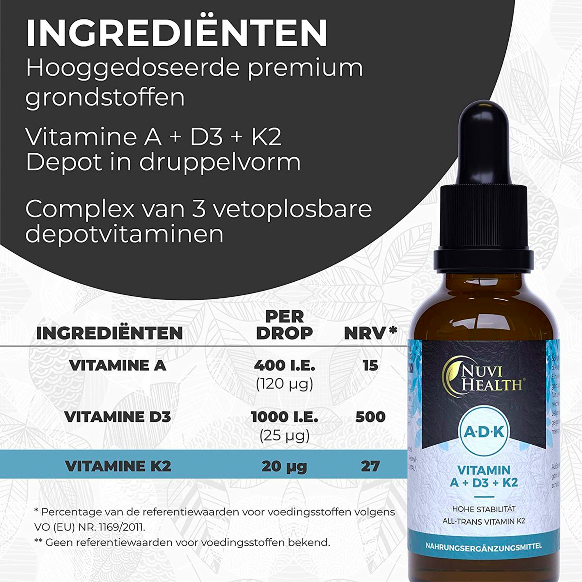 Vitamina A 400 UI + D3 1000 UI + K2 20 mcg Gocce | 50 ML (Flacone XL) | Nuvi Health
