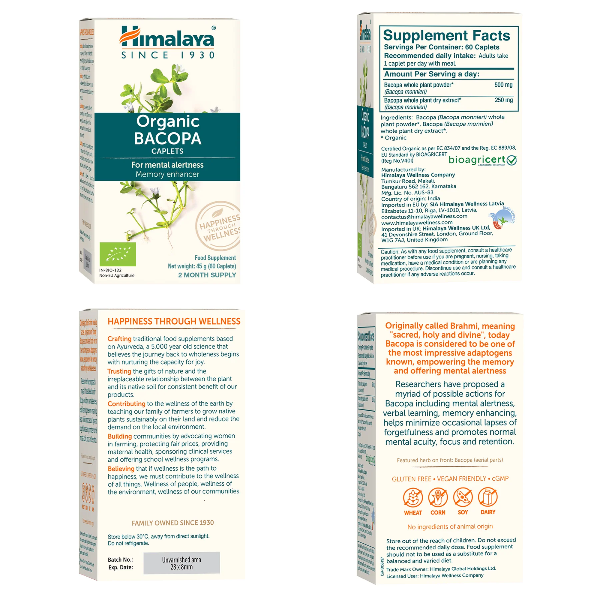 Himalaya Organic Bacopa confezione con valori nutrizionali su tutti i lati