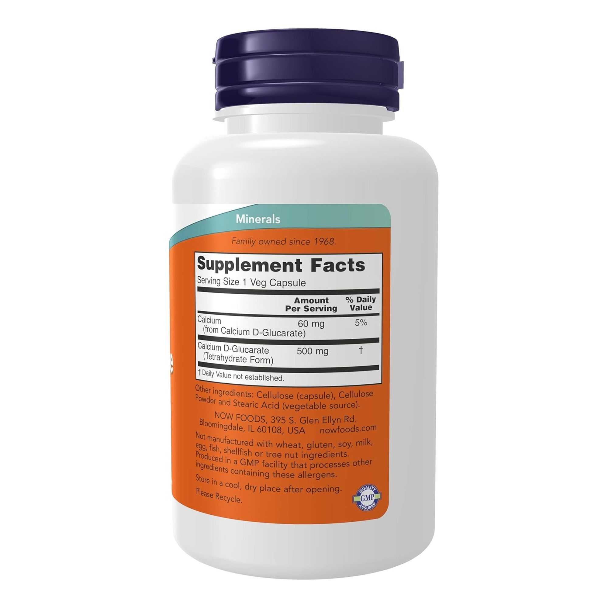 Calcium D-Glucarate 500 mg Now Foods etichetta retro con supplement facts