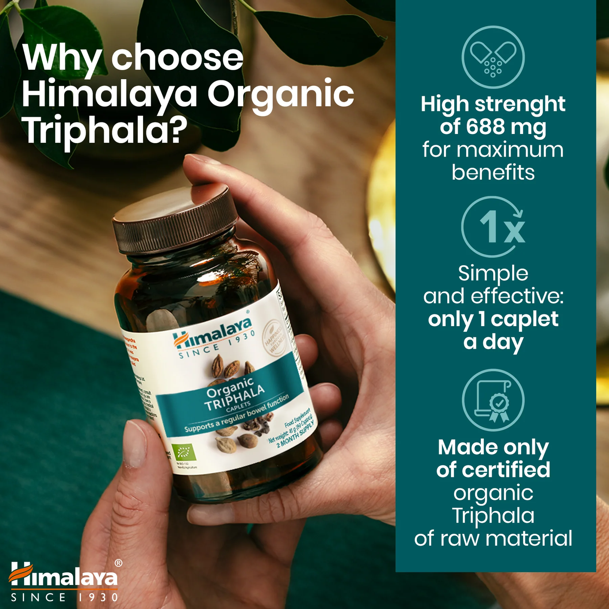 Perché scegliere Himalaya Organic Triphala, 688 mg per caplet, uno al giorno
