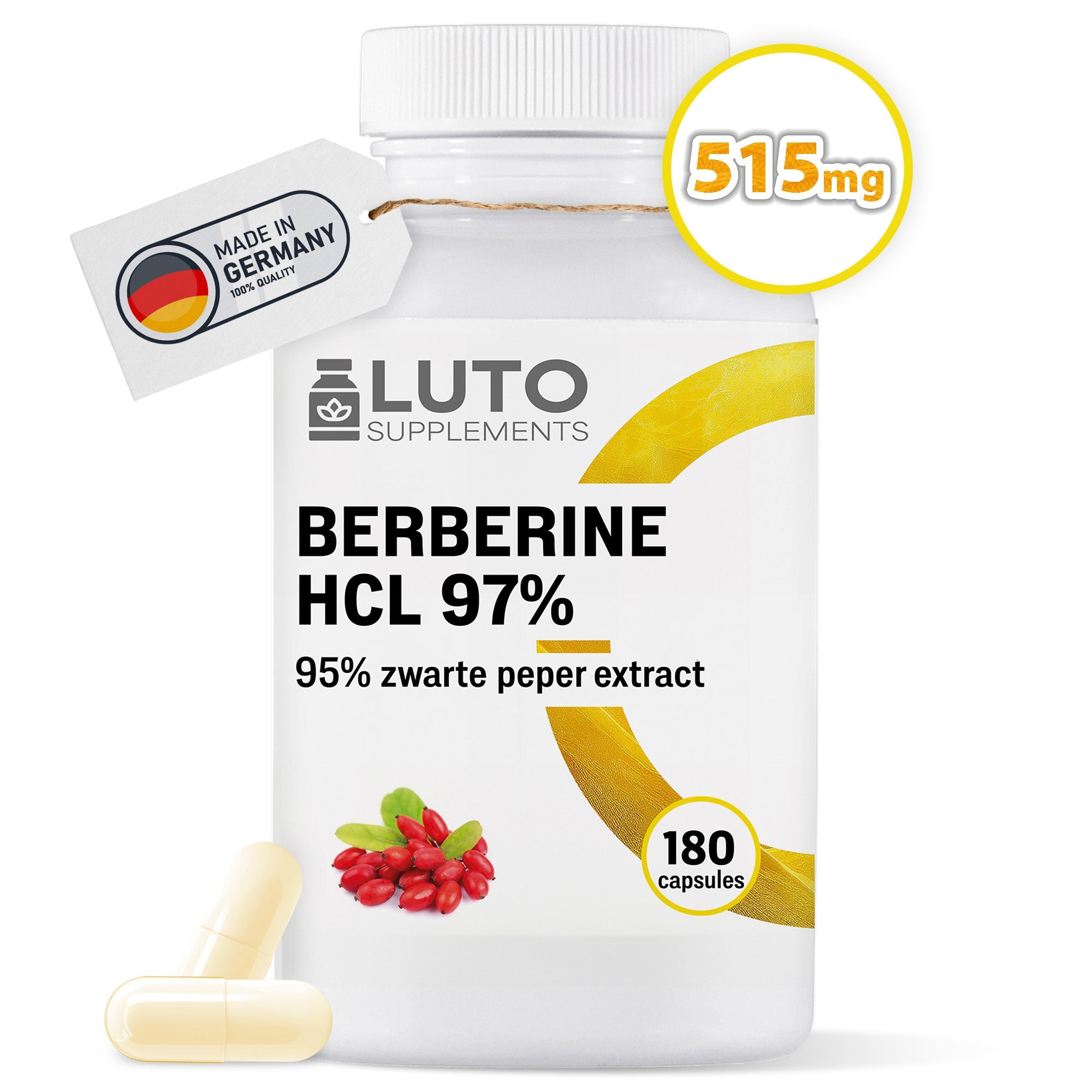LUTO Supplements Berberina HCL 97% 515mg 180 capsule vegane con estratto di pepe nero | acquista in Italia