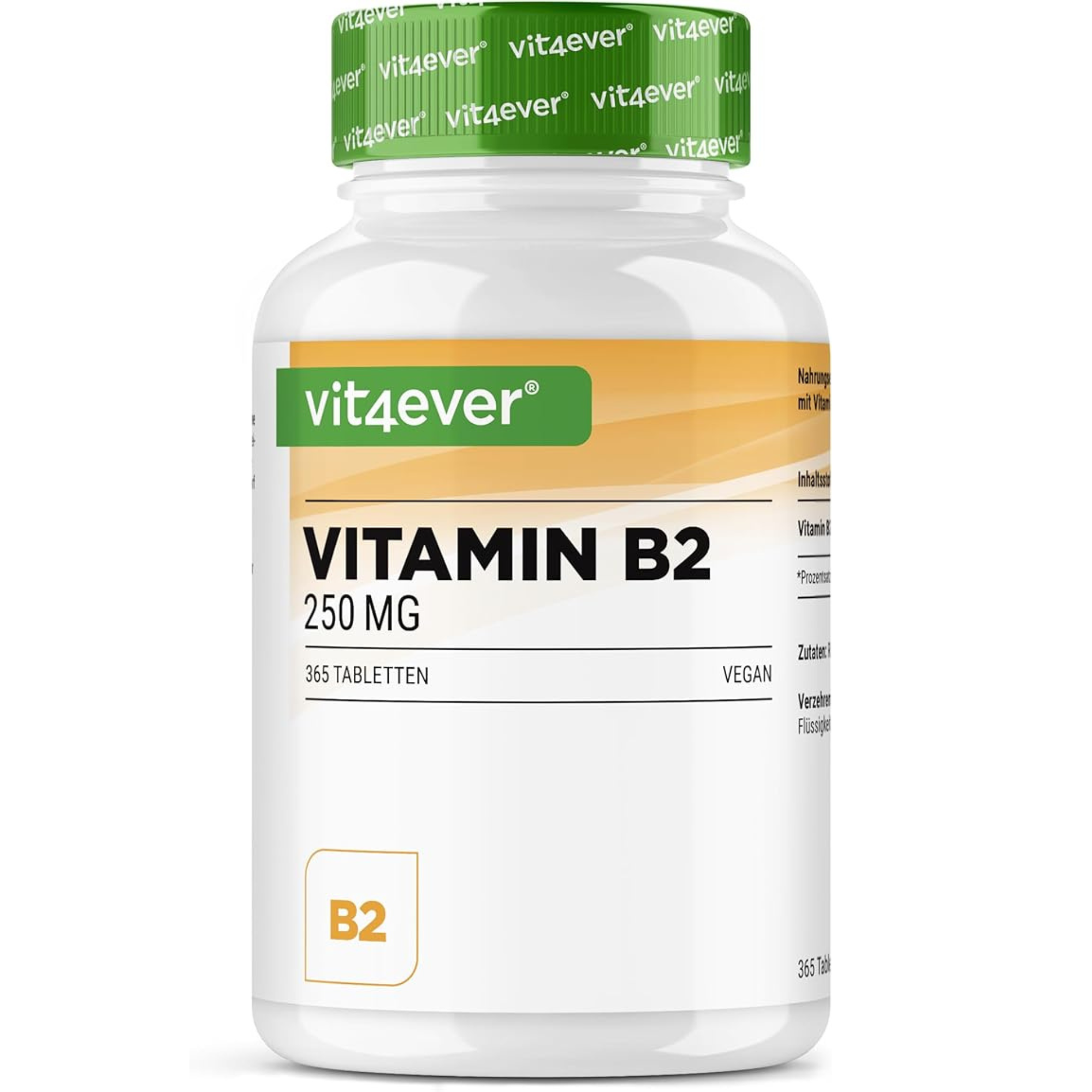 Barattolo Vit4ever Vitamina B2 con 365 compresse vegane, etichetta ben visibile.