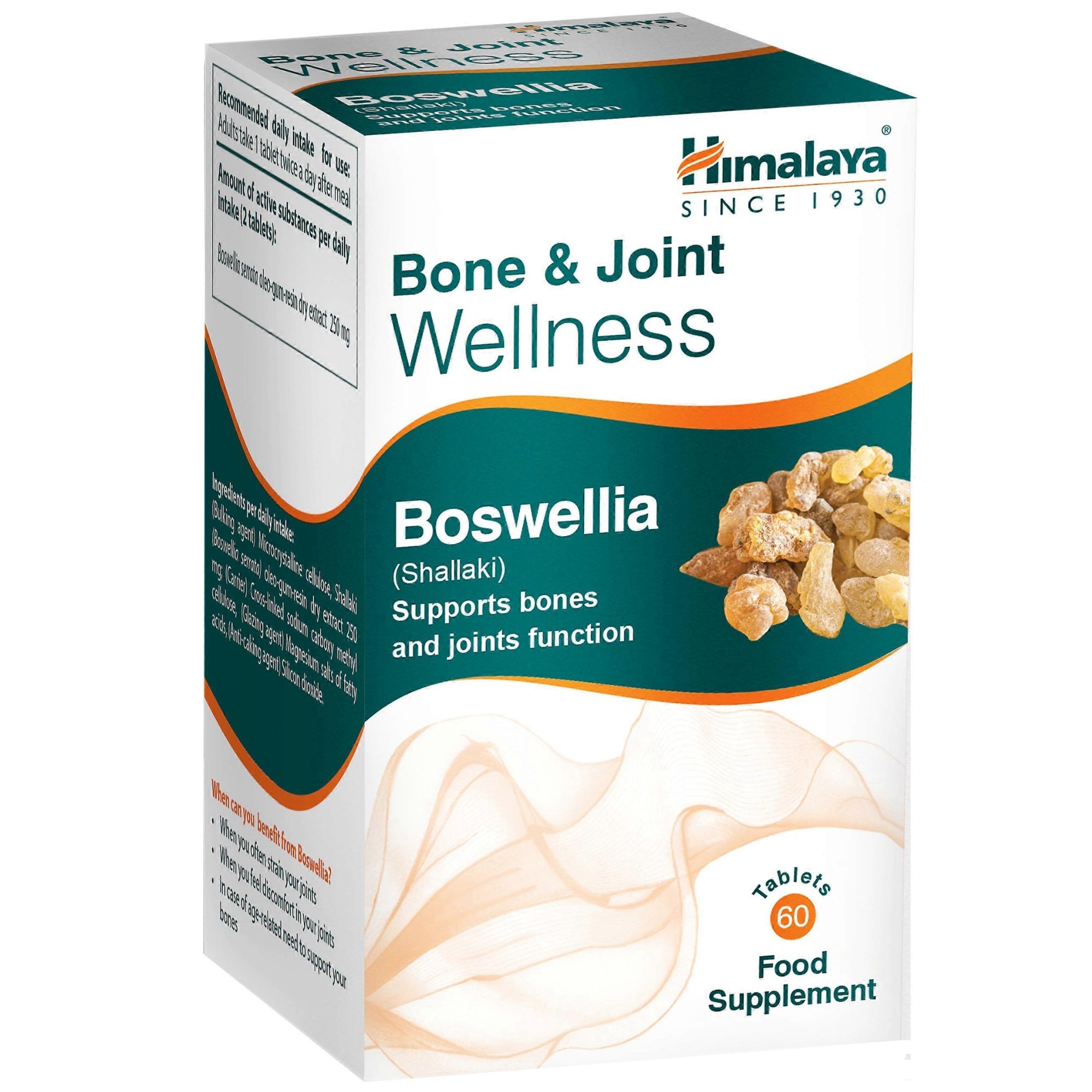 Himalaya Boswellia Shallaki fronte confezione - 250 mg di estratto di gommoresina di Boswellia serrata per dose giornaliera, 60 compresse