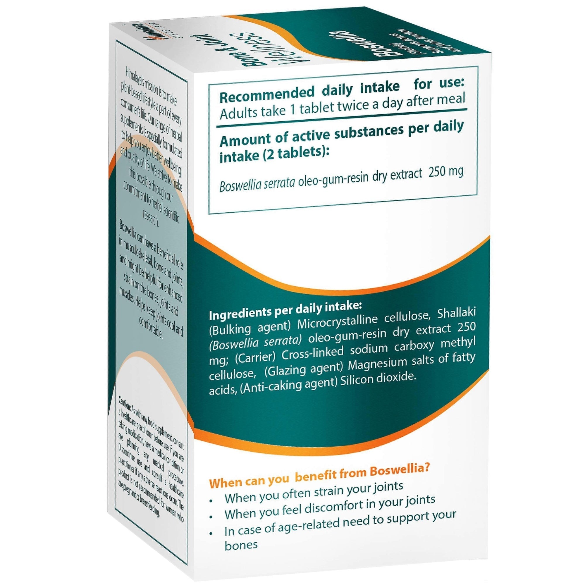 Himalaya Boswellia Shallaki retro confezione - istruzioni d'uso 2 compresse al giorno dopo i pasti, elenco ingredienti e benefici articolari