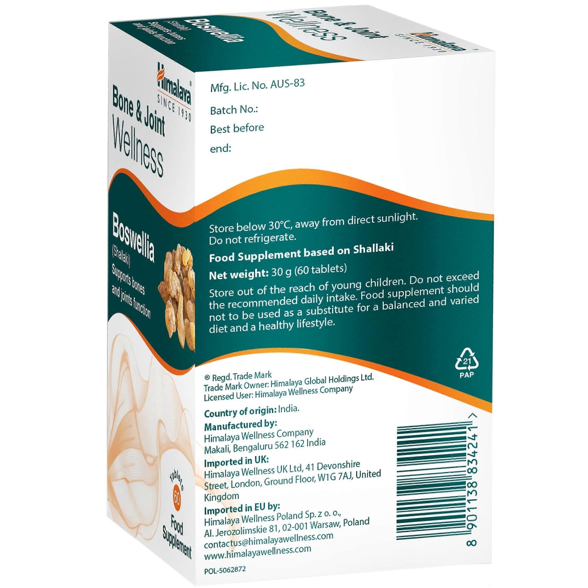 Himalaya Boswellia Shallaki istruzioni di conservazione - integratore alimentare a base di Shallaki, peso netto 30 g, origine India