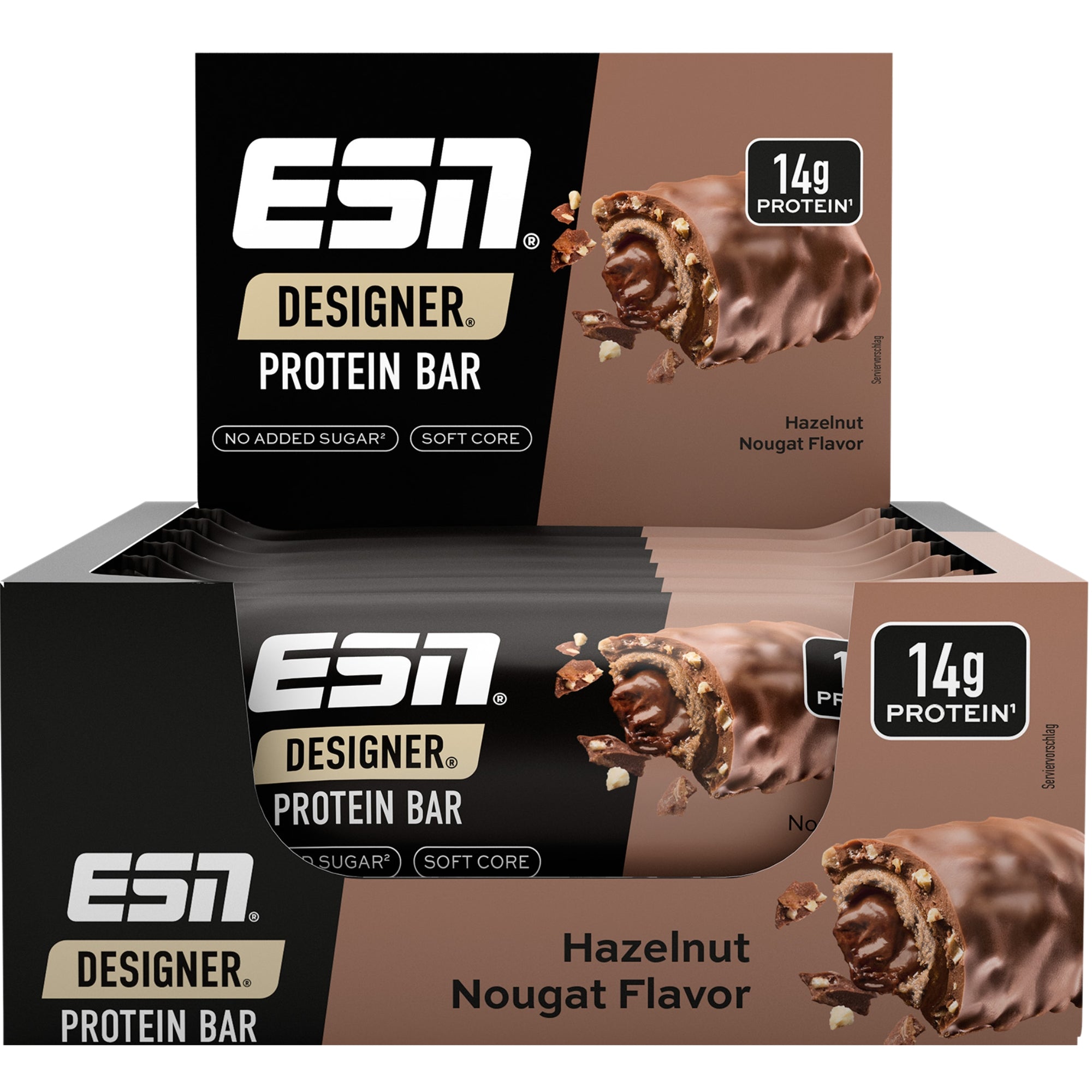 ESN Designer Protein Bar nocciola-nougat 12 x 45g - barrette proteiche con 14g di proteine, senza zuccheri aggiunti e cuore morbido