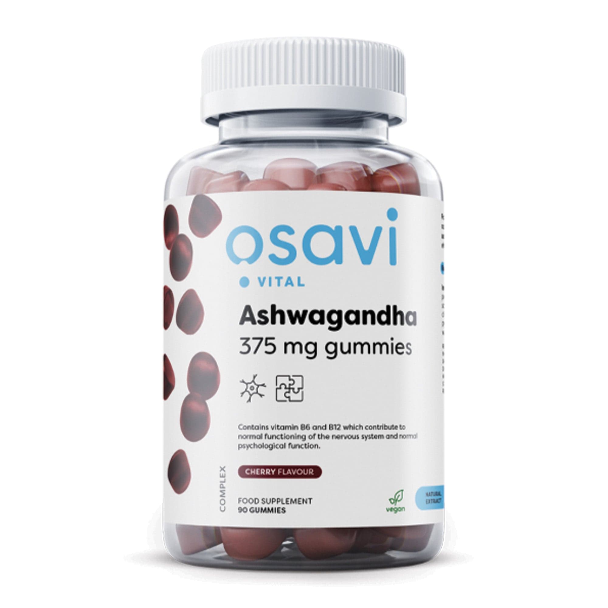 Osavi Ashwagandha Gummies 375mg con vitamina B6 e B12 - 90 gummies vegane al gusto di ciliegia | acquista in Italia