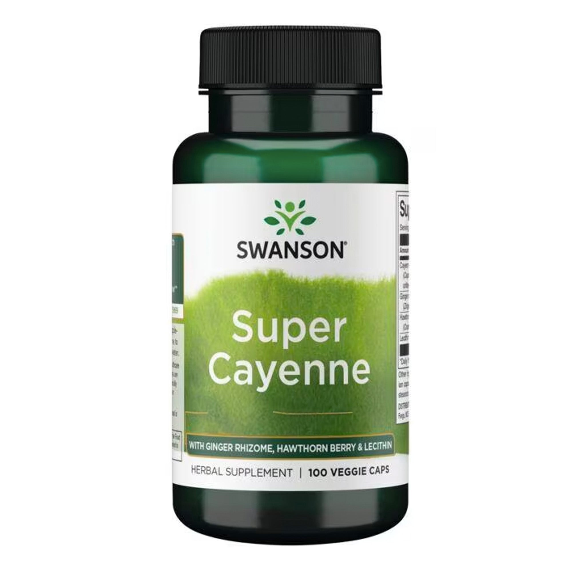 Swanson | Super Cayenna / Pepe di Cayenna (Capsicum annuum) | 90.000 HGU | Rizoma di Zenzero (Zingiber officinale), Bacca di Biancospino (Crataegus oxyacantha) & Lecitina | 100 Capsule Vegetariane