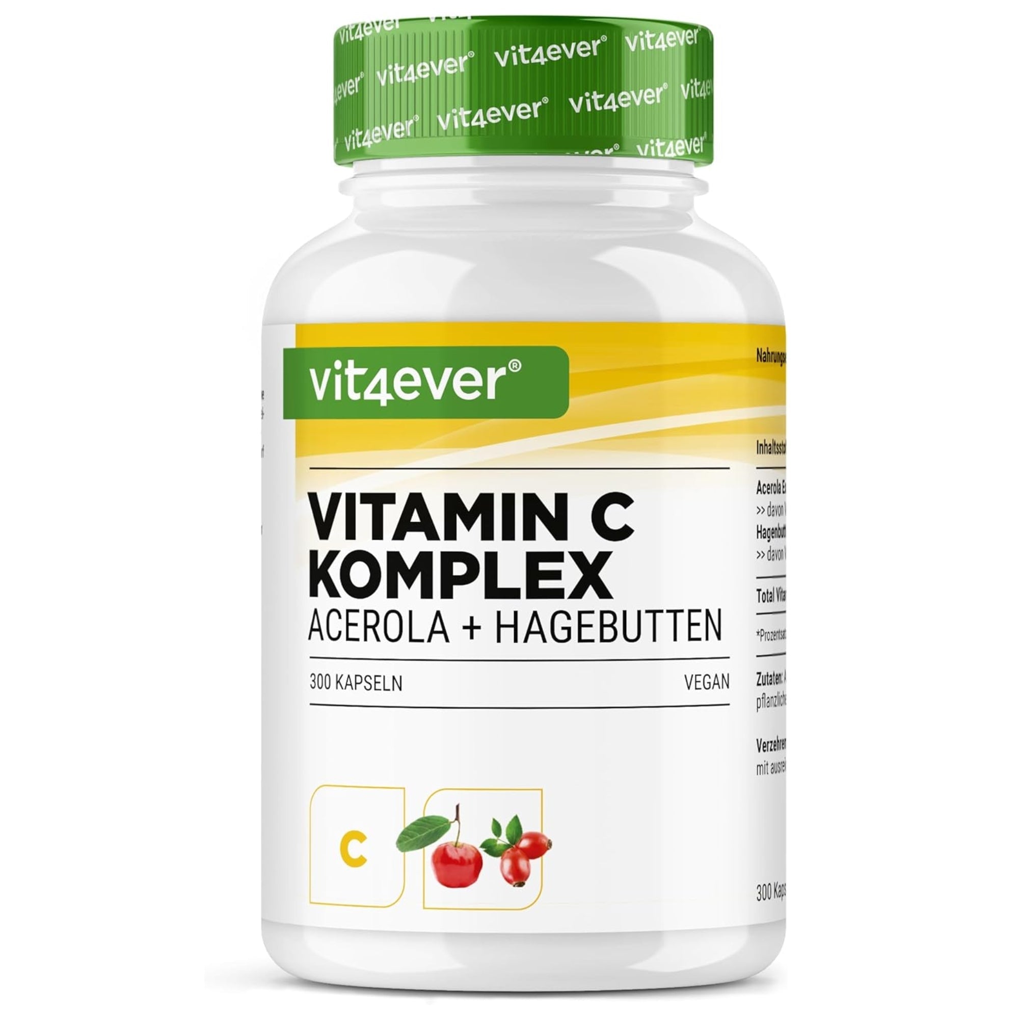 Complesso di Vitamina C (Acerola + Rosa Canina) | 300 Capsule | Vit4ever