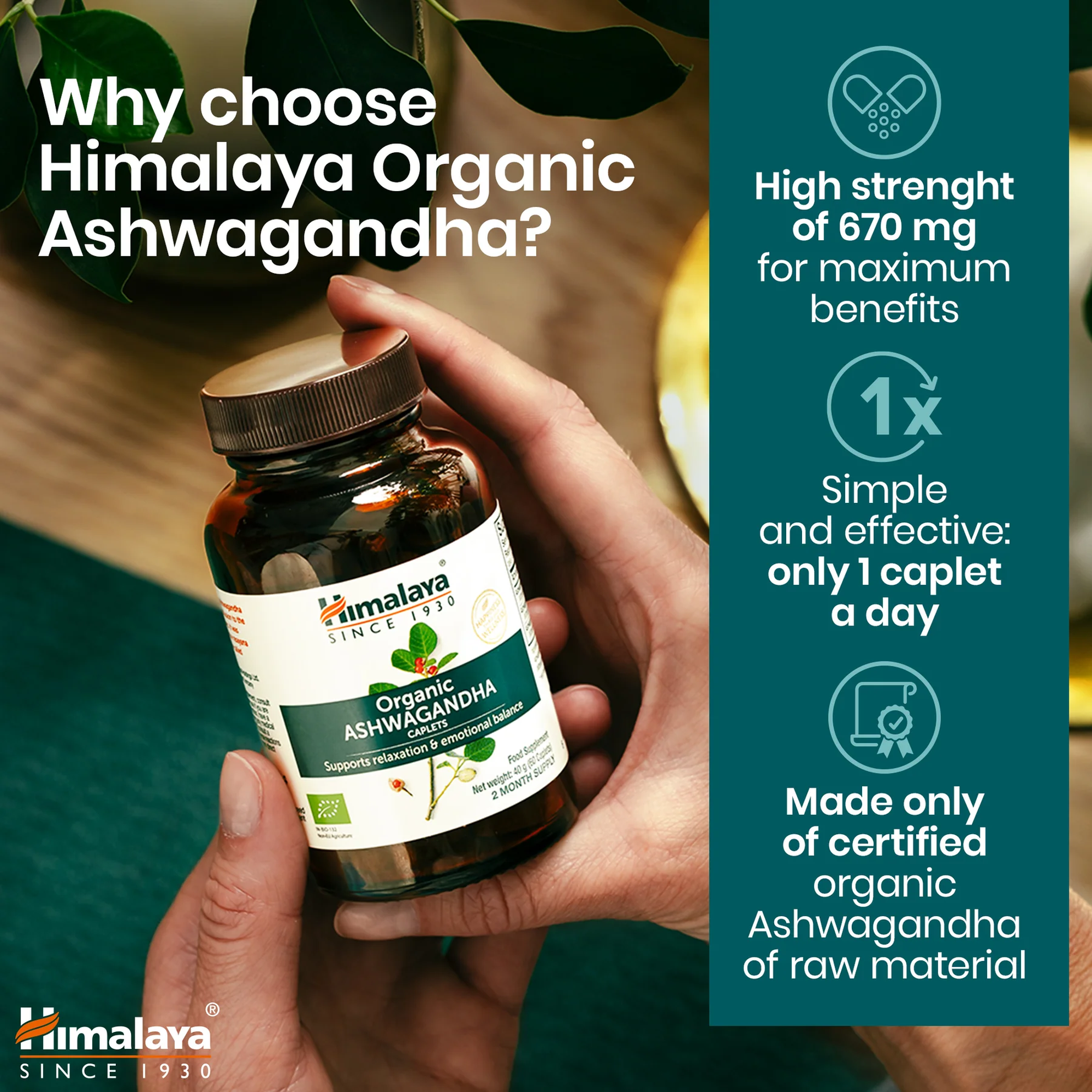 Perché scegliere Himalaya Bio Ashwagandha, 670 mg per caplet, una al giorno