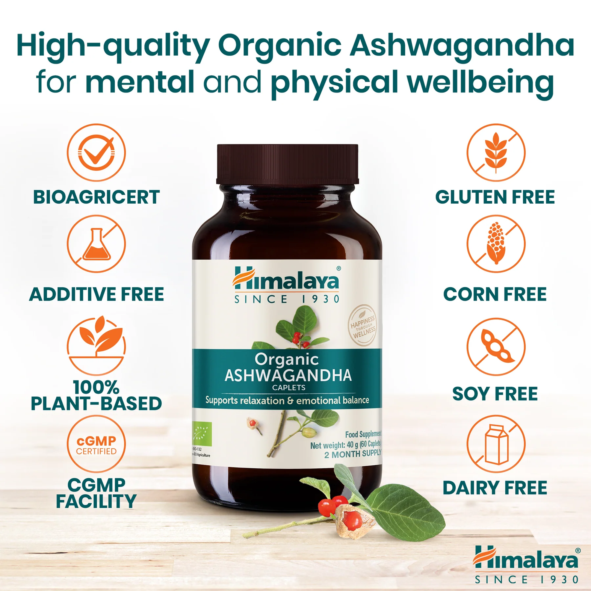 Himalaya Bio Ashwagandha senza glutine, senza soia, senza lattosio e 100% vegetale