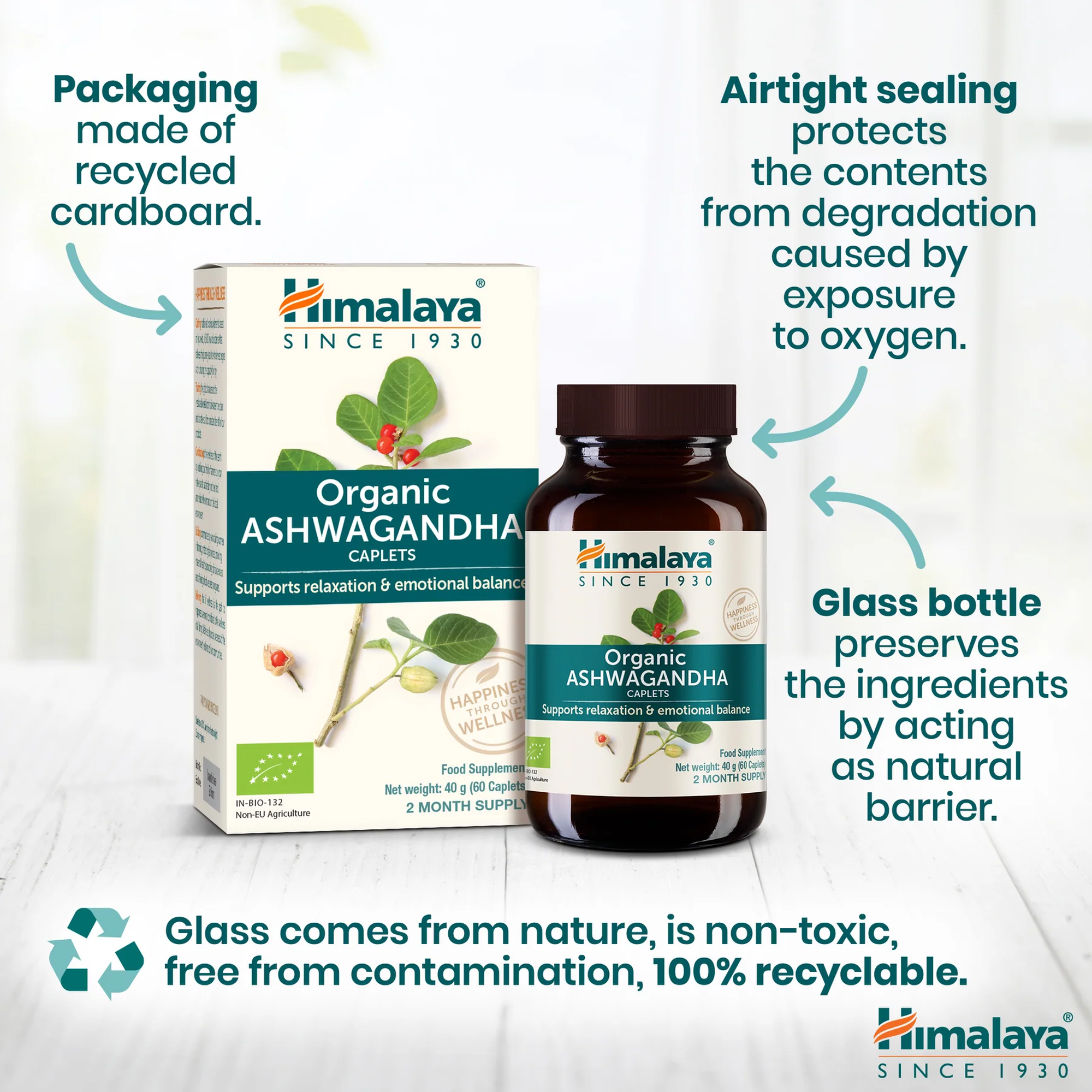 Confezione Himalaya Ashwagandha in cartone riciclato con barattolo di vetro