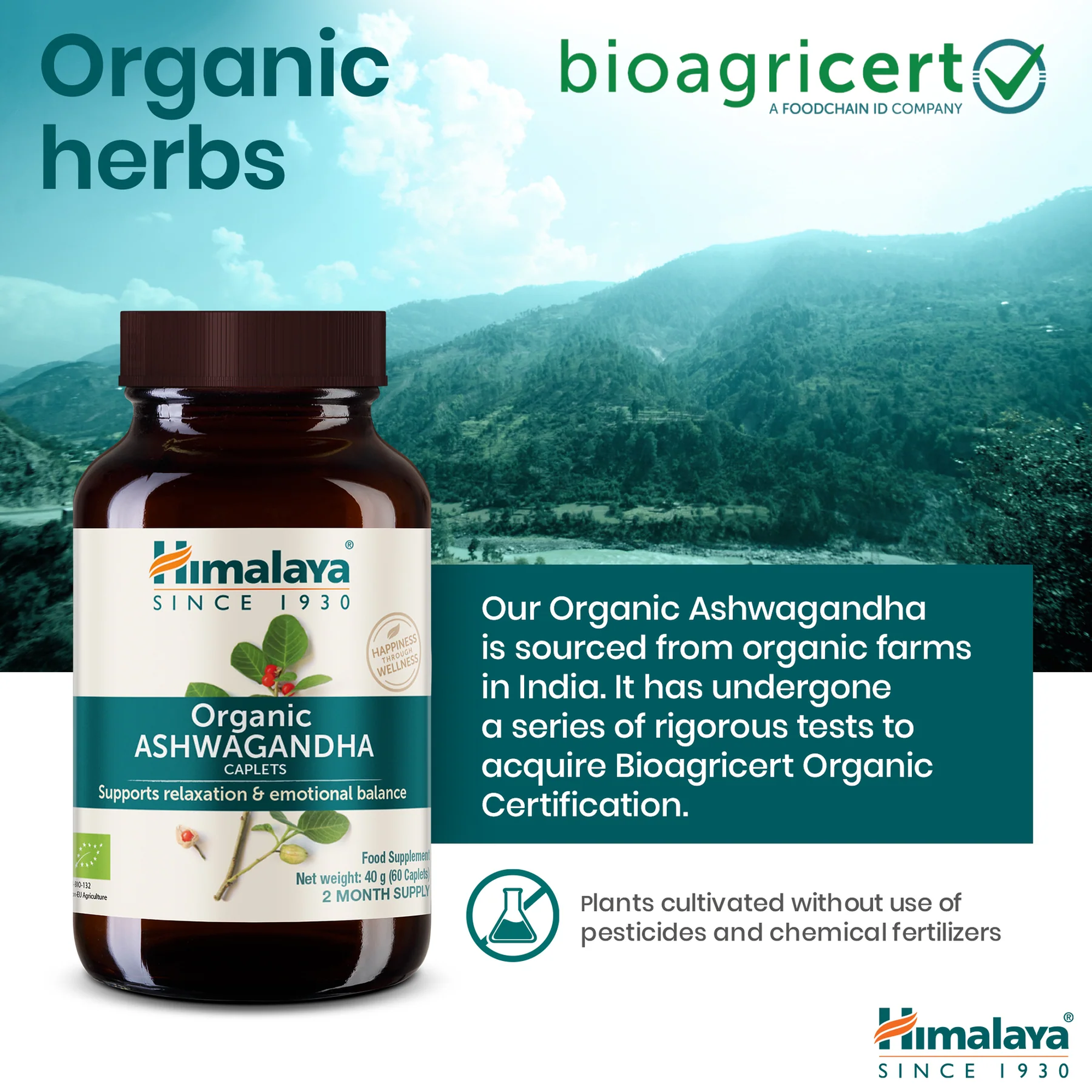 Himalaya Ashwagandha con erbe biologiche, certificata da Bioagricert