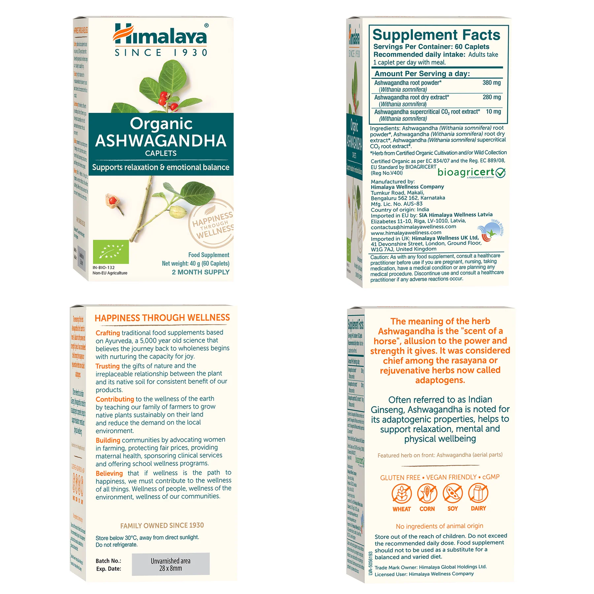 Confezione Himalaya Organic Ashwagandha con tabella nutrizionale su tutti i lati