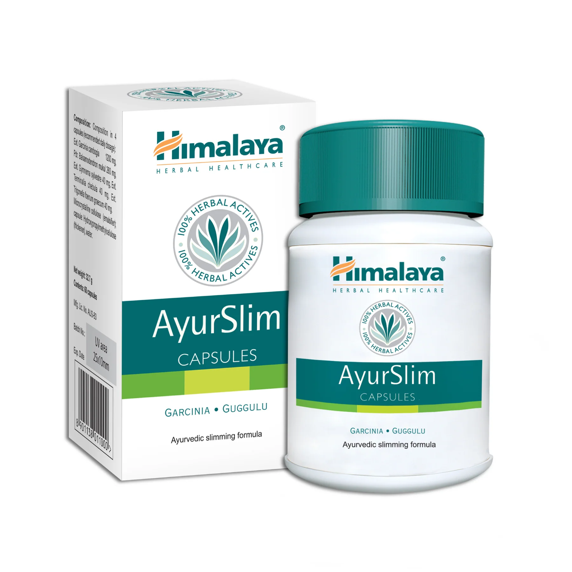 Himalaya AyurSlim 60 capsule, scatola e barattolo - integratore ayurvedico a base di erbe con Garcinia cambogia e guggul per il controllo del peso