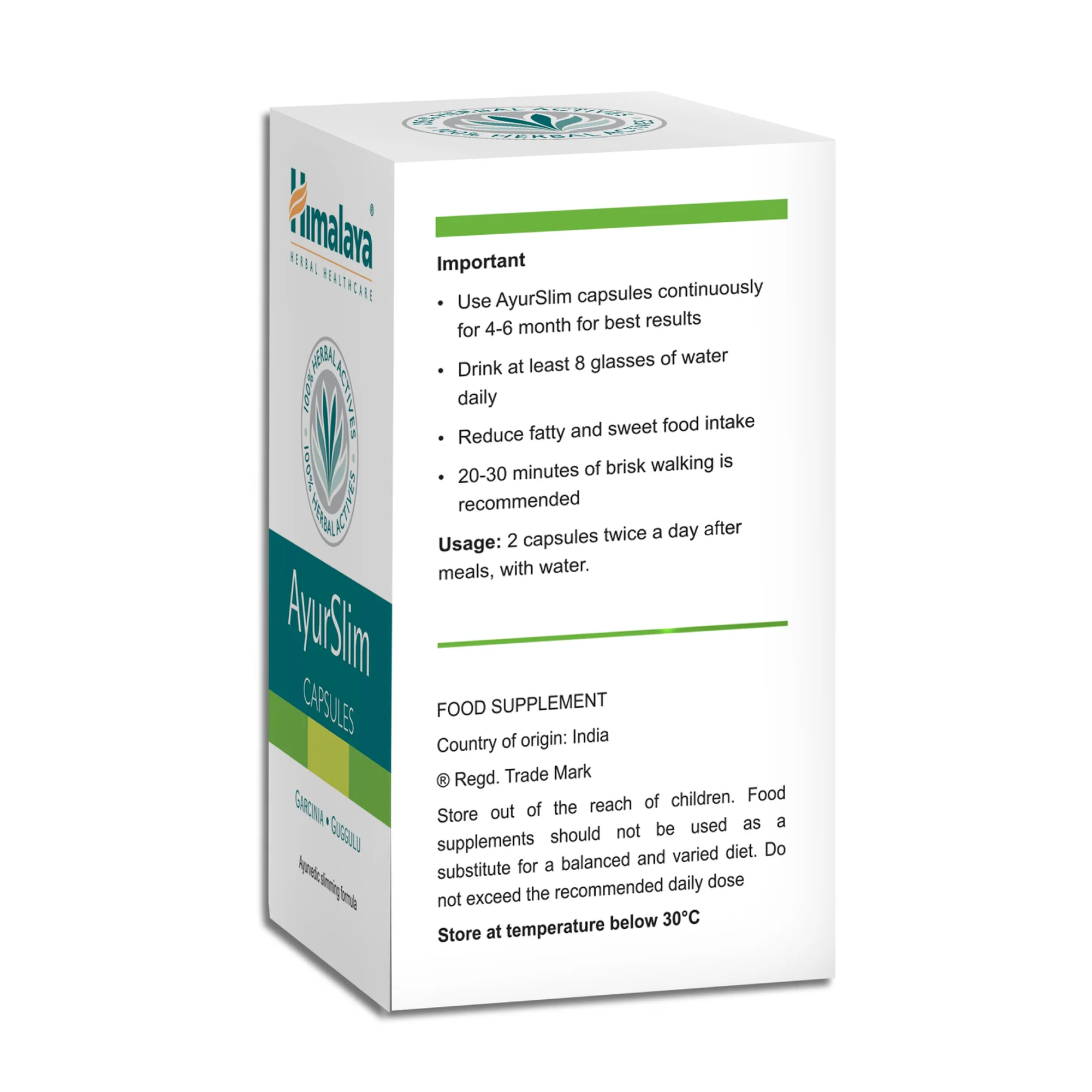 Himalaya AyurSlim retro della confezione - istruzioni d'uso 2 capsule due volte al giorno dopo i pasti, conservare sotto i 30 gradi, integratore alimentare