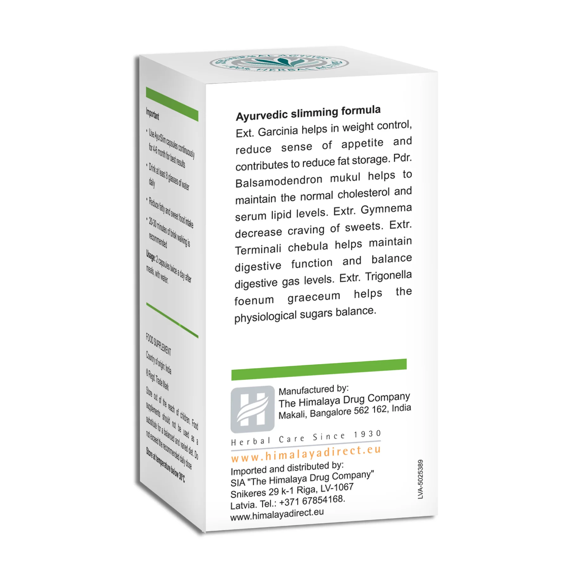 Himalaya AyurSlim lato della confezione - formula ayurvedica snellente con Garcinia, guggul, Gymnema, Terminalia chebula e fieno greco