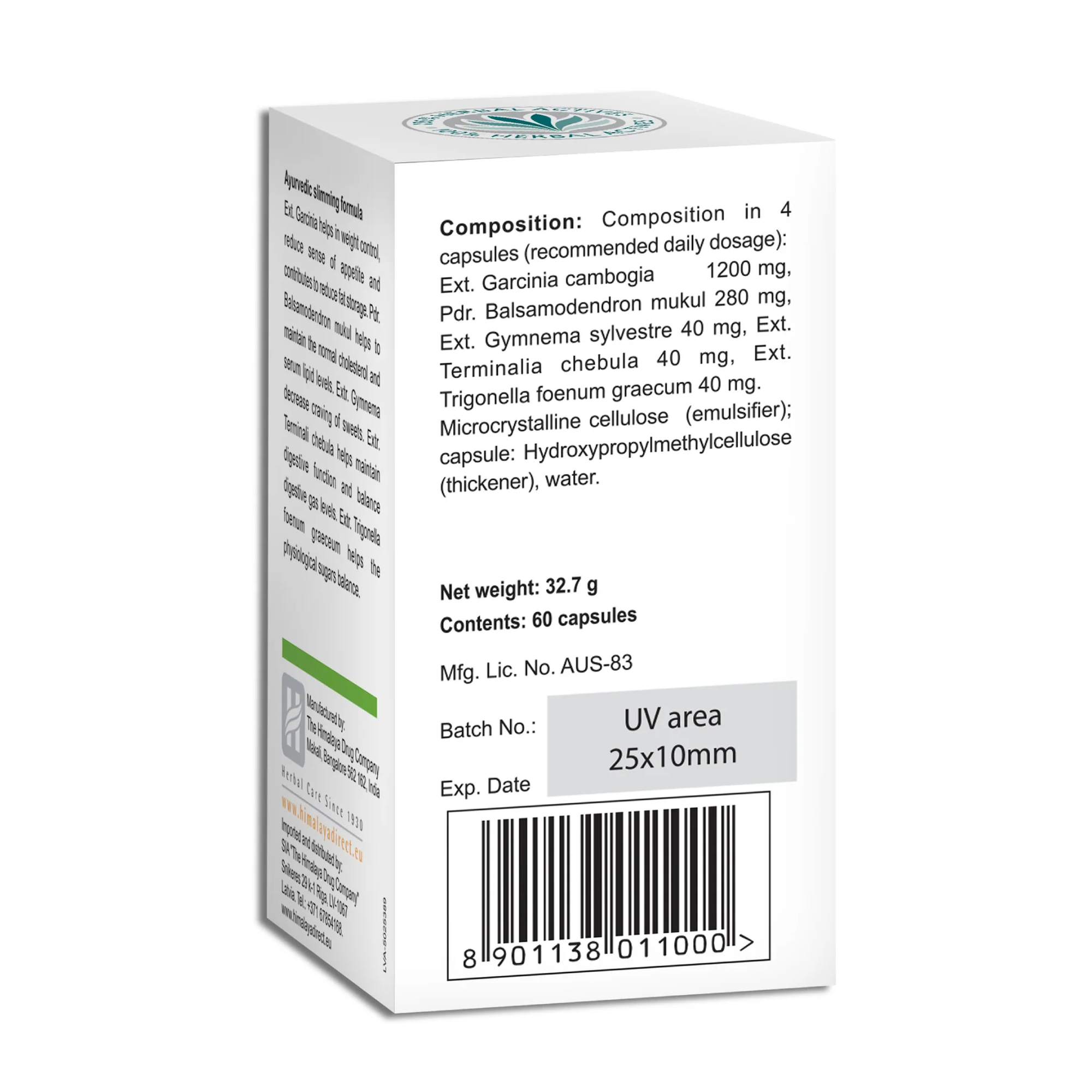 Himalaya AyurSlim composizione per dose giornaliera di 4 capsule - Garcinia cambogia 1200 mg e guggul 280 mg, 60 capsule peso netto 32,7 g