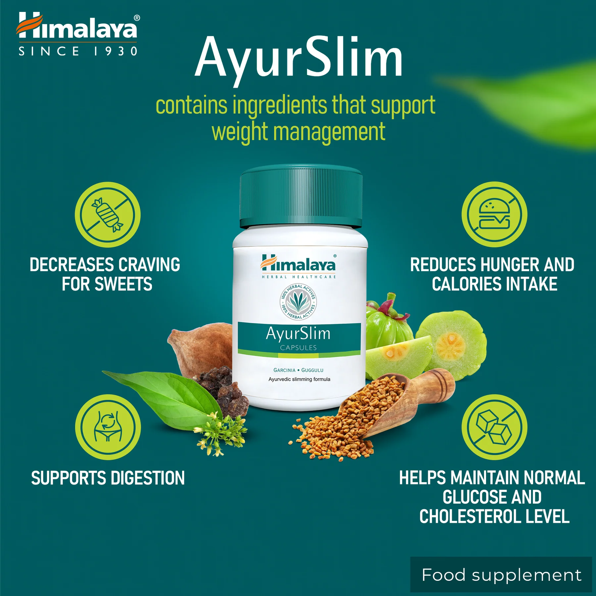 Himalaya AyurSlim supporta il controllo del peso - capsule vegetali con cinque erbe ayurvediche, integratore alimentare