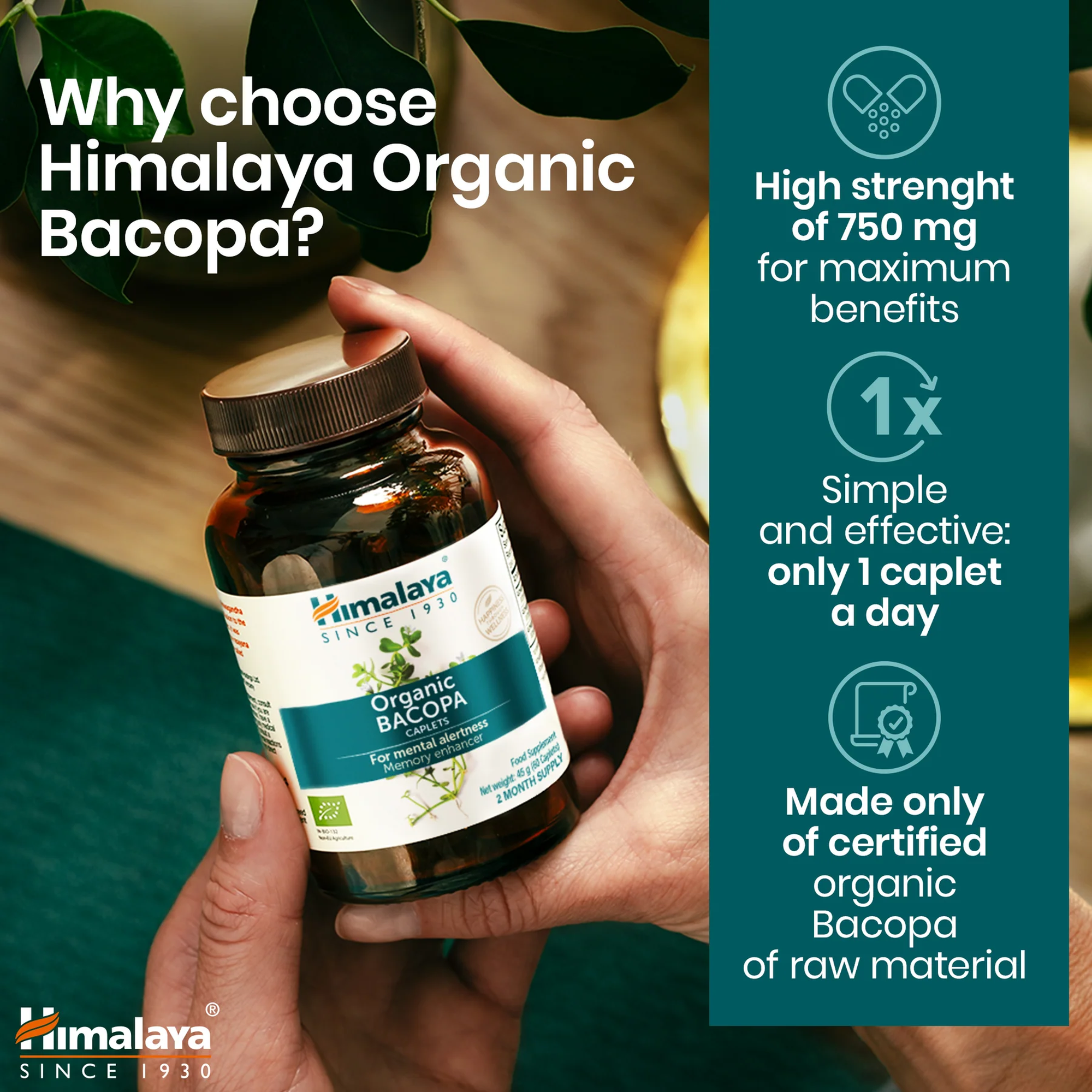 Perché scegliere Himalaya Organic Bacopa, 750 mg per caplet, uno al giorno
