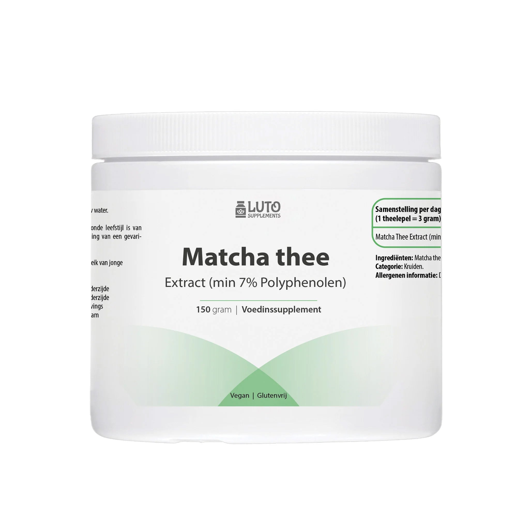 Barattolo di Estratto di Tè Matcha LUTO Supplements 150 grammi - matcha in polvere biologico min 7% polifenoli | acquista in Italia