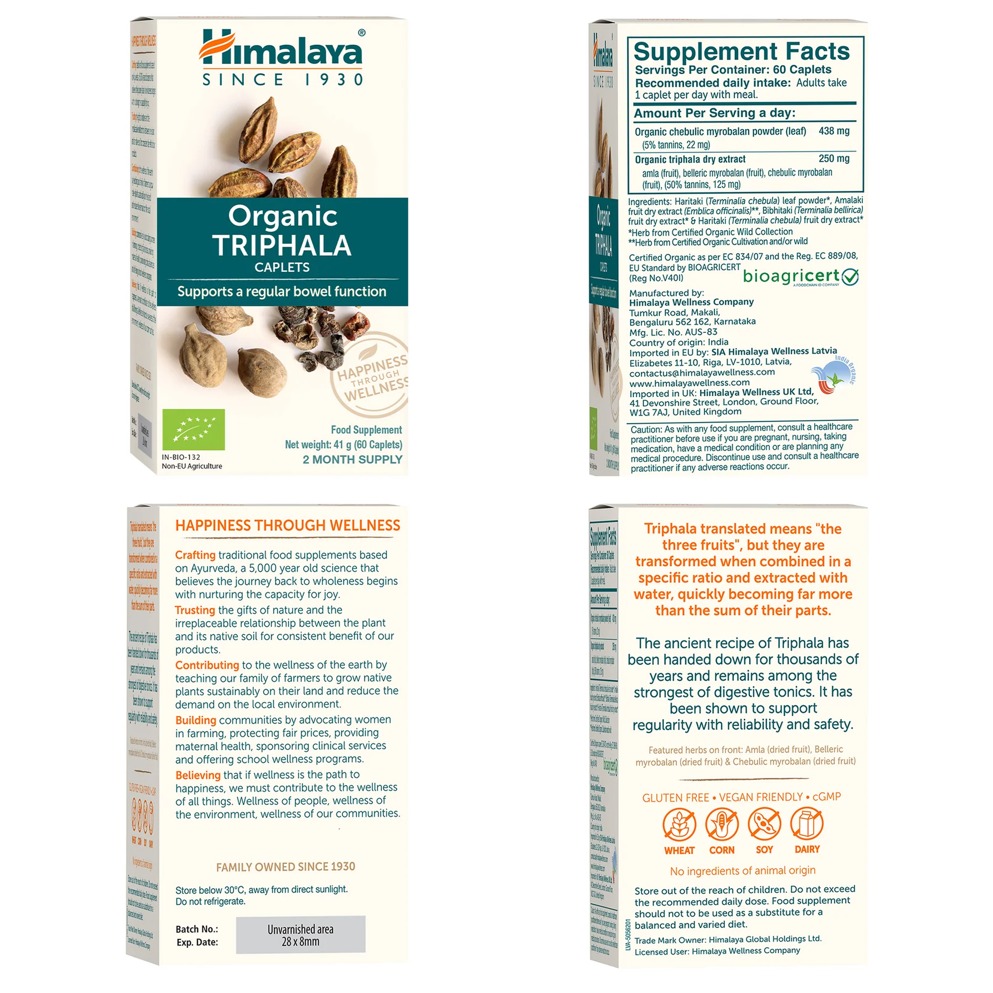 Himalaya Organic Triphala confezione con valori nutrizionali su tutti i lati